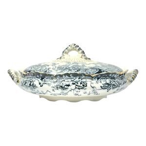 1890s Keeling & Co “Chatsworth” Flow Blue Serving Vegetable Bowl & Lid Repaired
